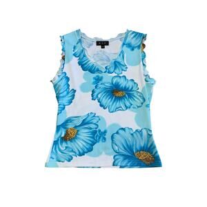 y2k 90s BAD scalloped hem blue white floral sleeveless tank blouse size small